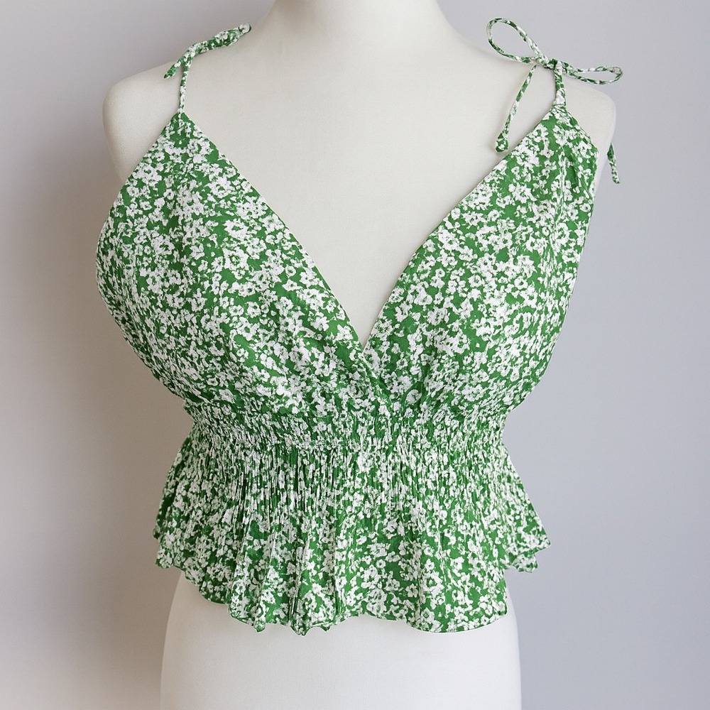 Sim & Sam Green Floral Smocked Peplum‎ Cami Top Tie Strap Cotton Large
